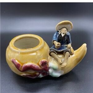 Mud Man Asian Design Fisherman‎ Pottery Planter